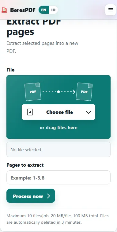 Extract PDF pages tool on BeresPDF for saving selected pages