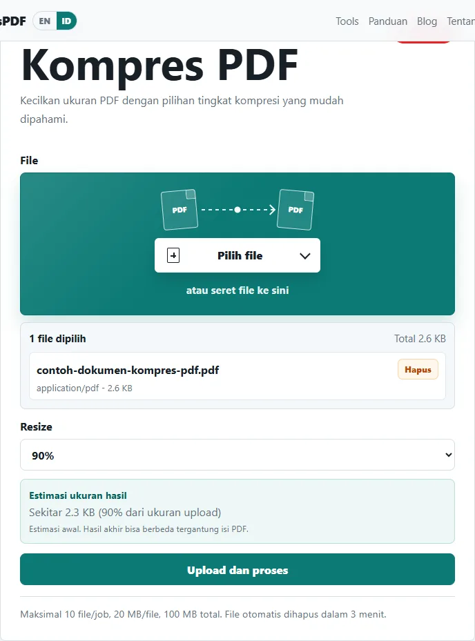A PDF file selected before compression on BeresPDF