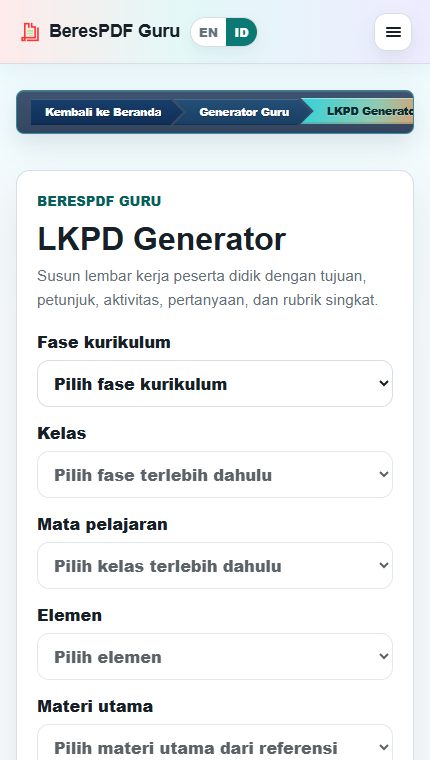 Tampilan awal halaman LKPD Generator BeresPDF Guru
