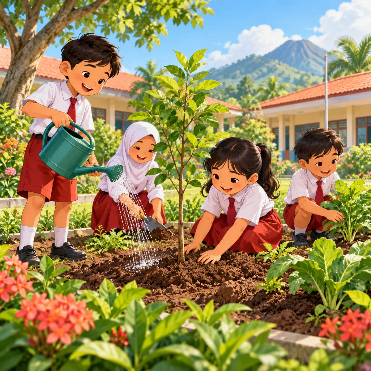 Gambar contoh siswa menanam pohon di sekolah